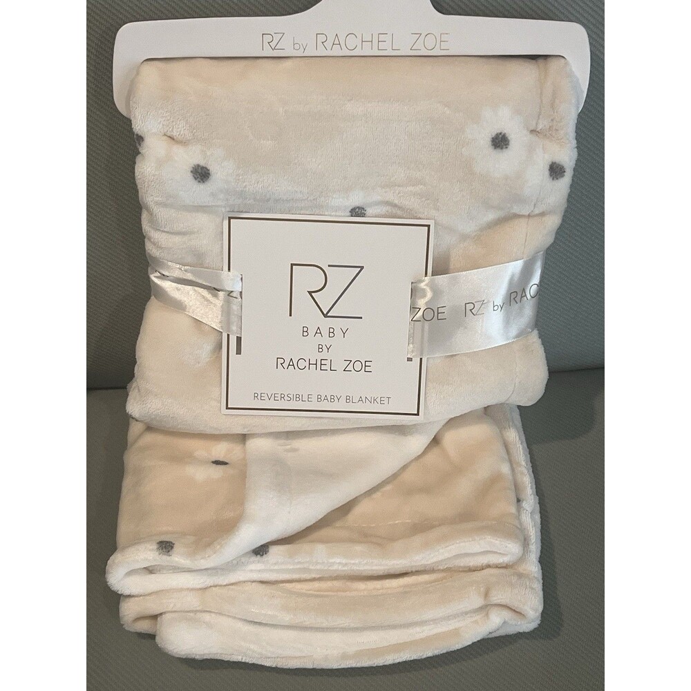 Rachel Zoe Baby Blanket Tan Floral Polka Dot Reversible Soft Fleece New